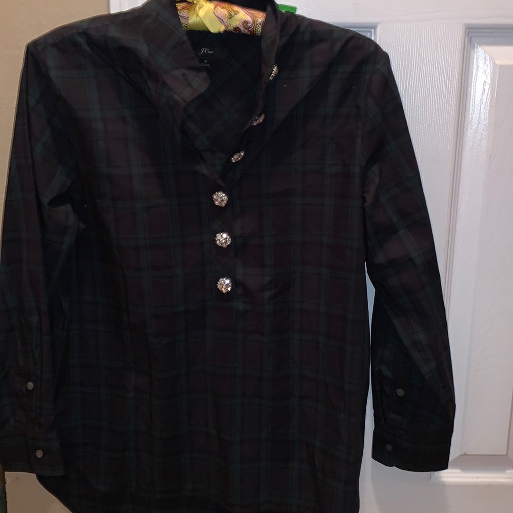 J. Crew Black Plaid Blouse with Button Detail